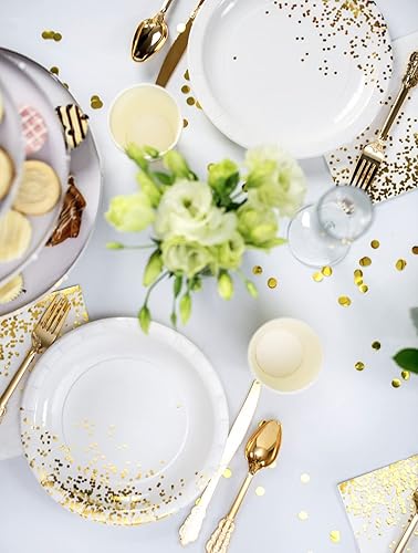 Miniatura 2 de 50 platos de papel blanco y dorado de 7 pulgadas, platos de postre, platos desechables de Año Nuevo, 50 aniversario, Acción de Gracias, Navidad y