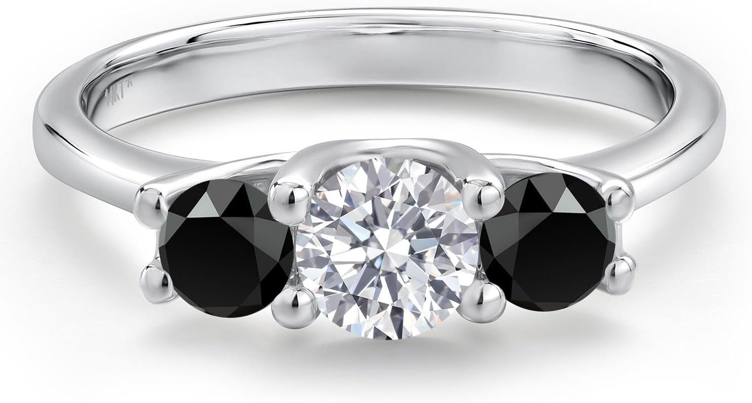 Gem Stone King 14K White Gold White Lab Grown Diamond & Black Onyx 3-Stone Engagement Ring | 0.94 Cttw | Round 5MM and 4MM | 3 Stone Wedding Anniversary Promise Ring For Women - Image 3