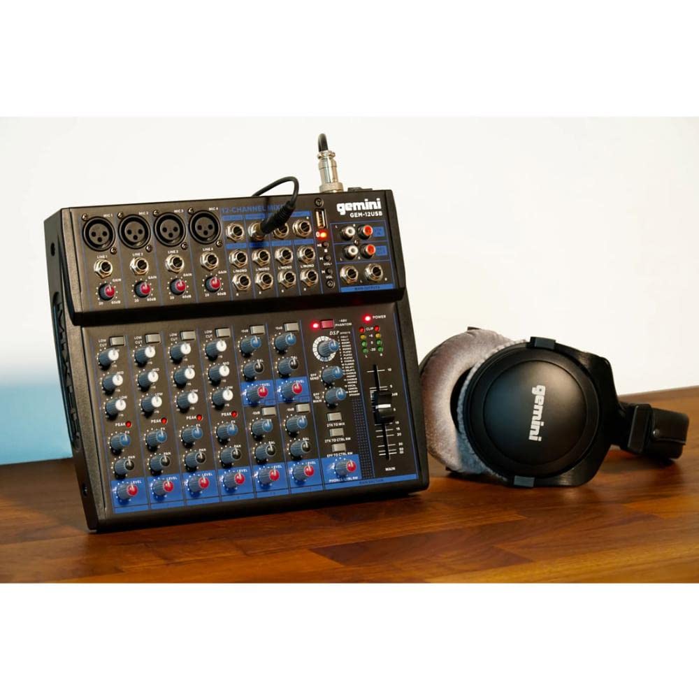 Gemini Sound GEM-12USB - Table de Mixage Analogique Compact à 12 Canaux comprenant 4 Canaux Micro, EQ de Bande 3, Lecture USB de USB Stick et Streaming Bluetooth