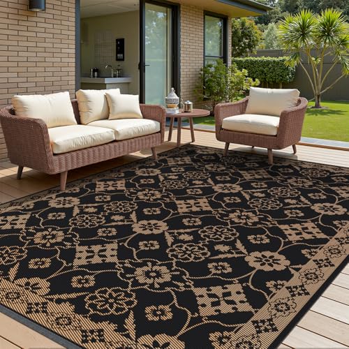 RESARE-Outdoor Rug-Patio Rug RV Camping Floral Waterproof Mat 6x9 ft Portable Outdoor Area Carpet for Deck Porch Picnic Balcony Backyard Beach Rugs Reversible Non Fading, Black & Brown by RESARE - Used condition - CA$50.34