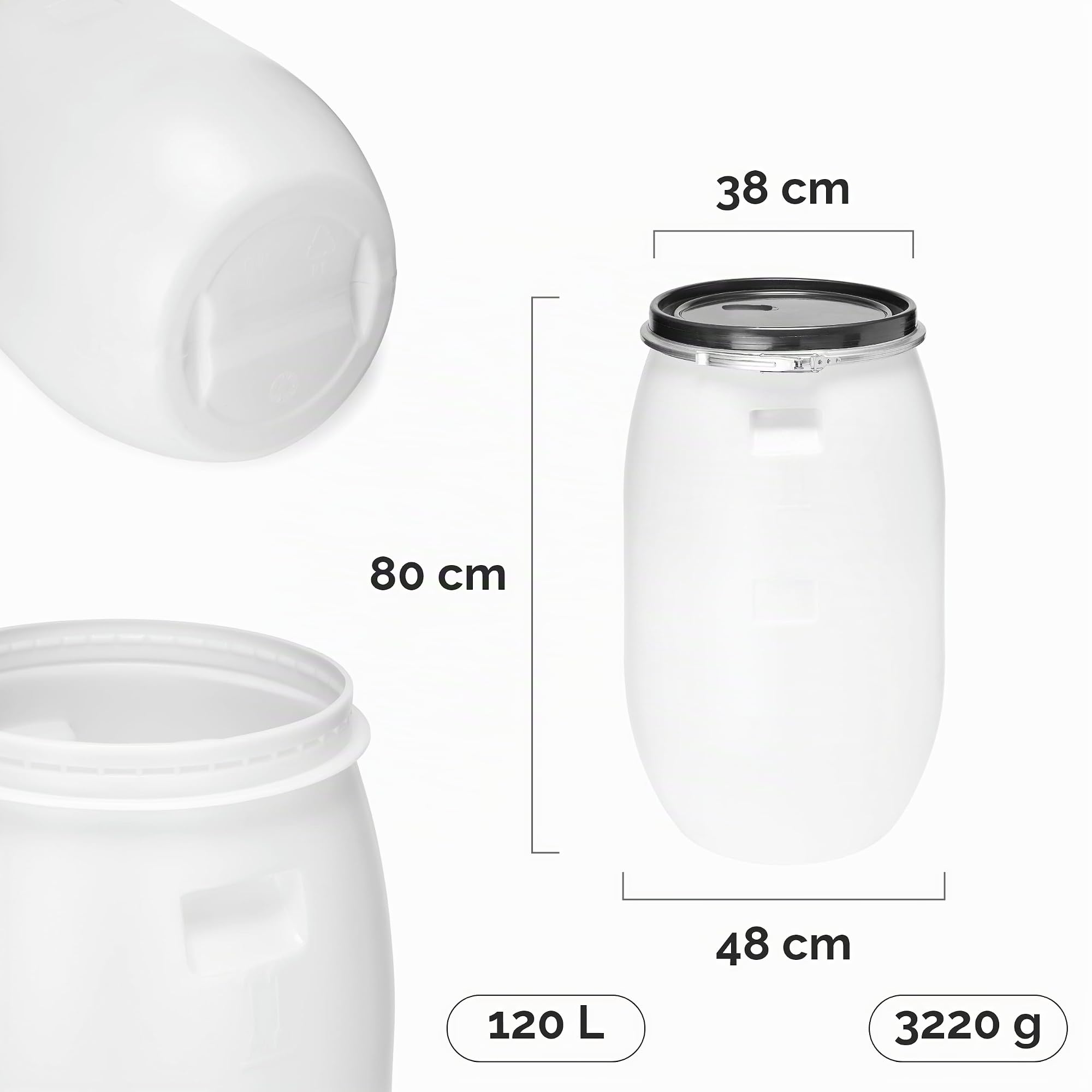Garronda Set 2X 120 Liter Deckelfass Weithalsfass aus HDPE Regenfass für Garten Fass Regenwassertonne Futtertonne Universalfass Wasserfass Regentonne Lebensmittelfass Wassertank GD-0123 Weiß