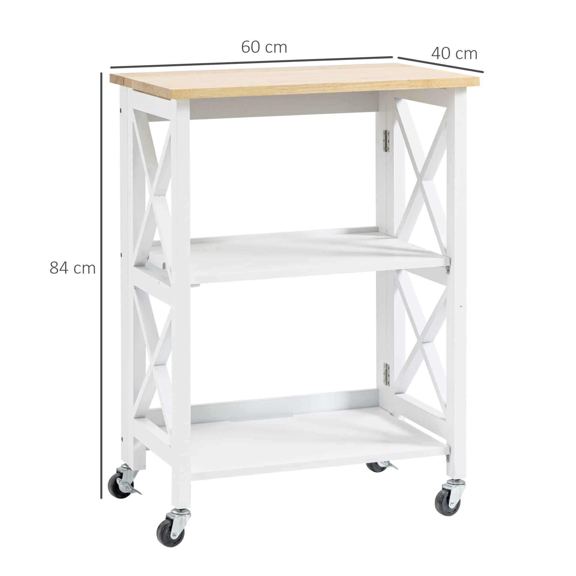 HOMCOM Carrito de Cocina Plegable con Ruedas 40 kg 60x40x84 cm Blanco | Carro Auxiliar, Carro Verdulero, 2 Estantes, para Comedor