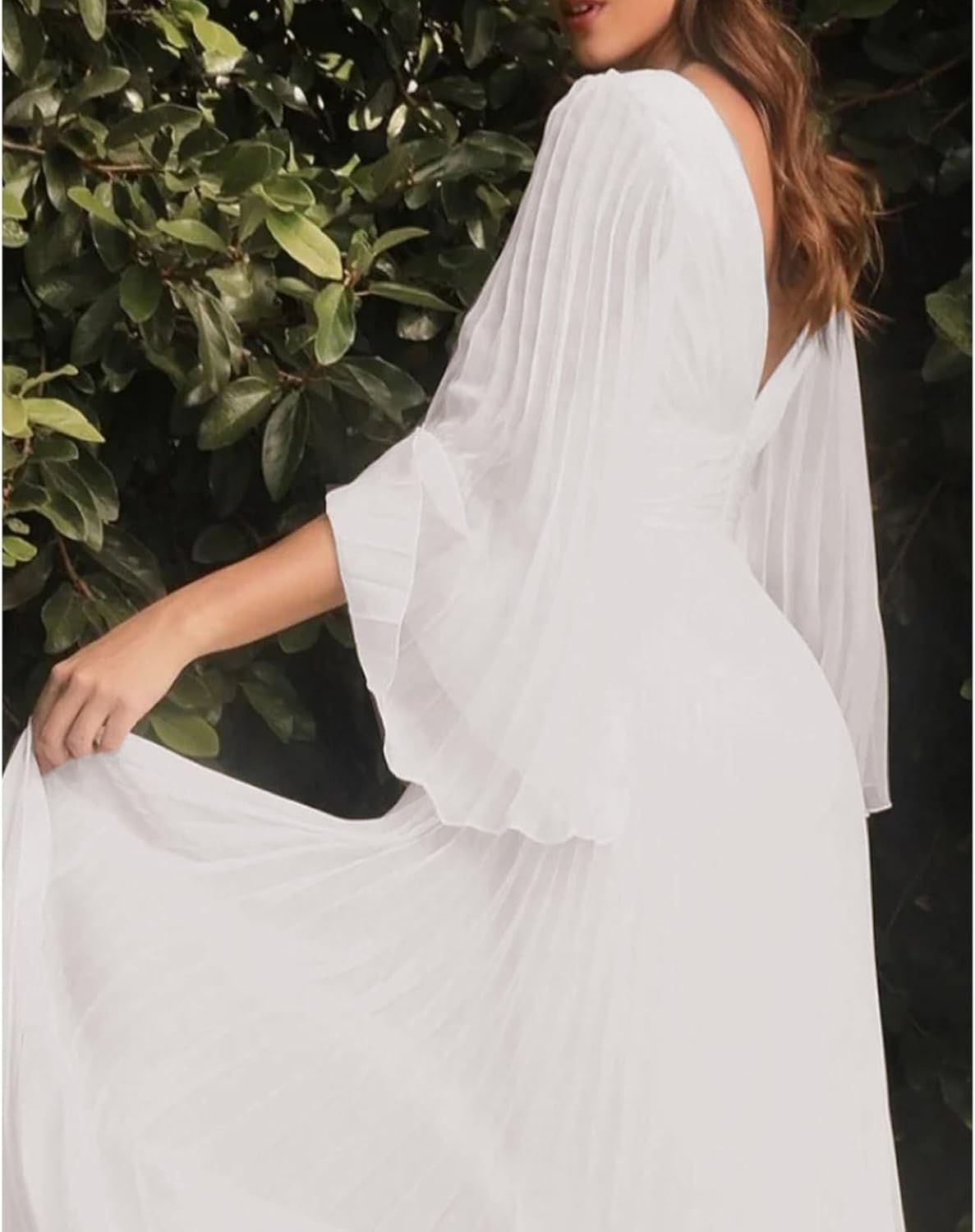 [RAMEMO] レディース パーティードレス 結婚式 ダンスワンピース フレア長袖 アンクル丈 プリーツ ディープvネック シアー