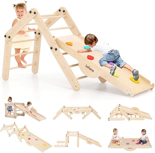 INFANS Juguetes de escalada 12 en 1 para niños pequeños, juego de escalada triangular plegable Montessori de madera con rampa reversible, escalera
