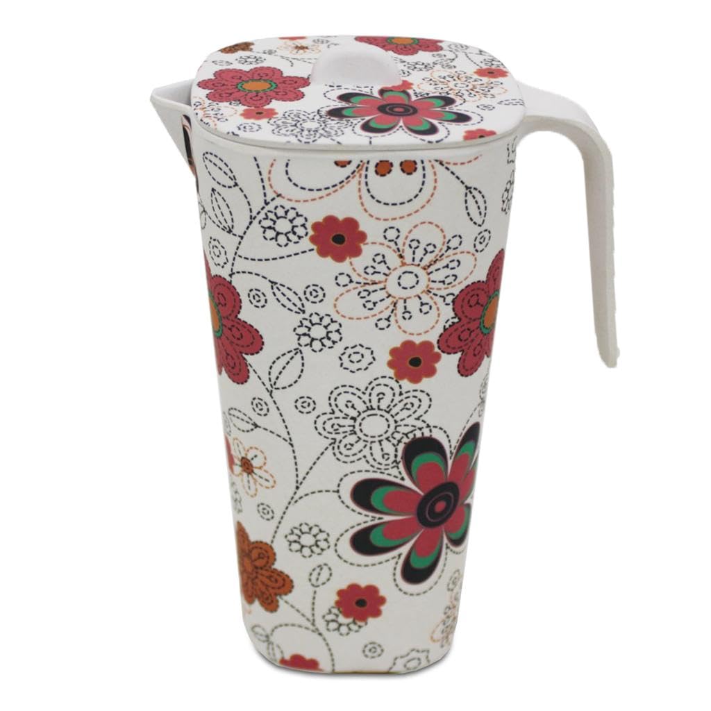 Home Smart Bamboo Water Jug with Lid Reusable Water Juice Jug Pitcher Carafe for Home Party Out-Door Activity and Dishwasher Safe (Red Pattern)