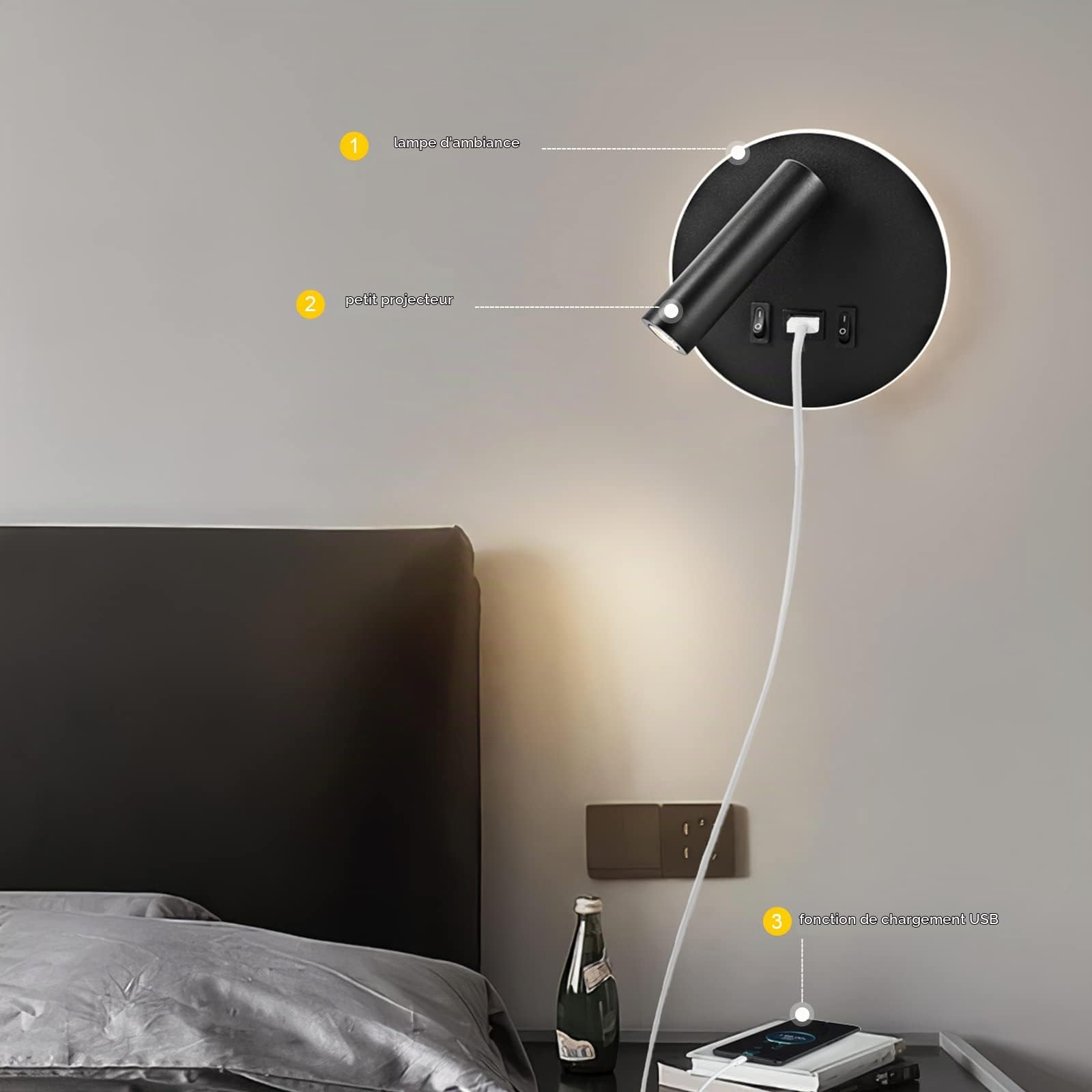 Lampe de lecture LED, Applique Murale d'intérieur 3W 3000K + 9W 3000K, Liseuse de chevet avec port de charge USB et interrupteur, éclairage d'ambiance de chambre à coucher Spot réglable (2 noirs)
