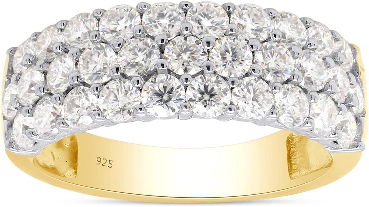 3-Row Half Eternity Wedding Band Ring For Women Round Lab Created Moissanite or Lab Grown Diamond Anniversary Ring in 14K Gold Plated Sterling Silver Jewelry Gift For Her