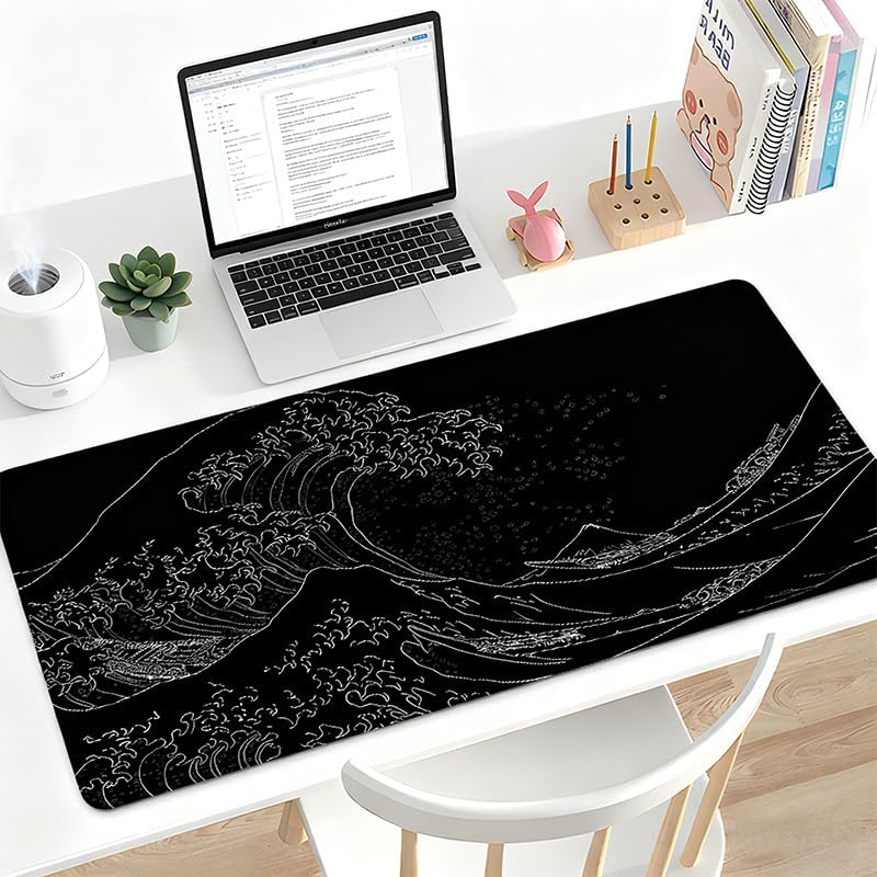 Large Gaming Mouse Pad, Sea Wave Desk Mat, 23.6" ×11.8", Anti-Slip Rubber Base Mousepad, Keyboard and Mouse Pad for Gamer, Office & Home, Black