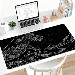 Large Gaming Mouse Pad, Sea Wave Desk Mat, 23.6" ×11.8", Anti-Slip Rubber Base Mousepad, Keyboard and Mouse Pad for Gamer, Office & Home, Black