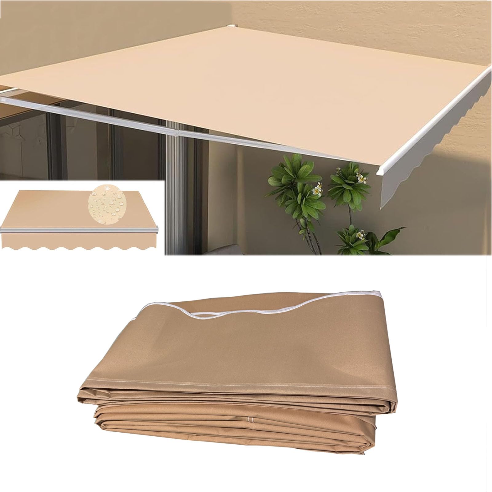Toldo retráctil de repuesto de tela de poliéster impermeable para sombrilla al aire libre, balcón, sombra de 2 m, color caqui y resistente a la intemperie