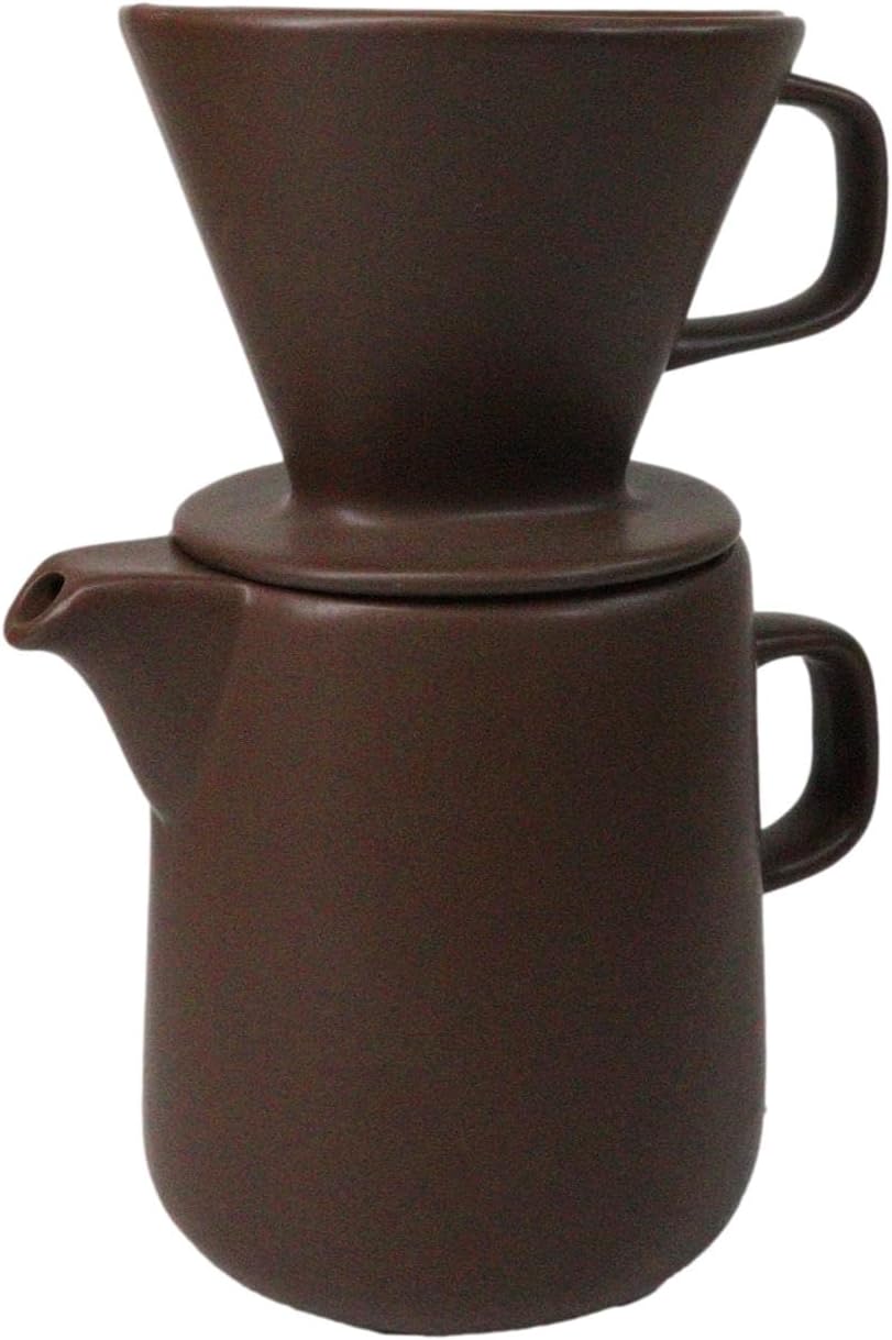 Ebros Gift Colorful Matte Finish Porcelain Portable Personal Artisan Hand Crafted Barista Style Coffee Maker Carafe Pot Flask With Pour Over Dripper Filter Cup Set (Brown)