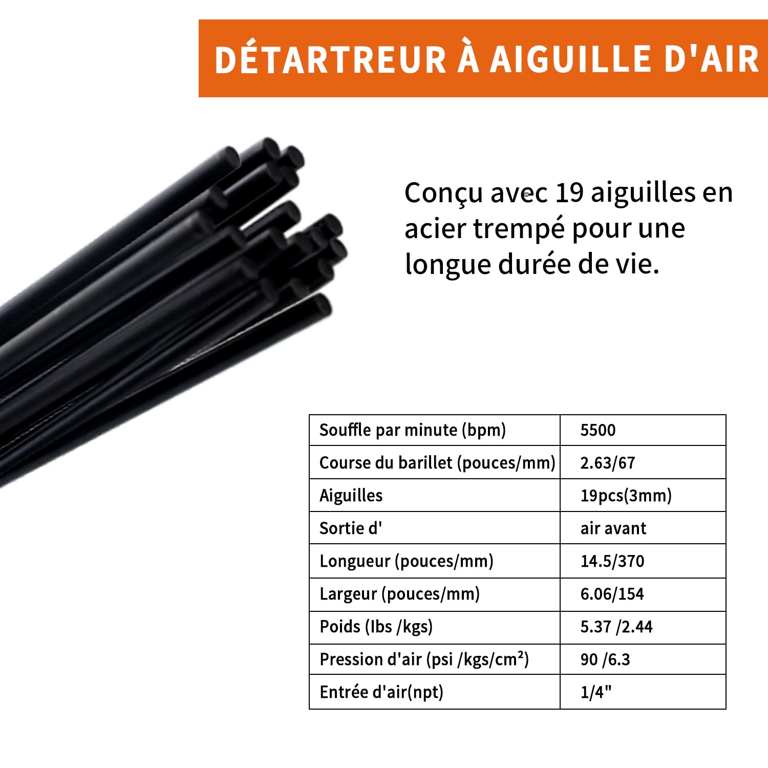 WorkPad Dérouilleur professionnel à aiguilles à air comprimé Tête de rechange 5000 t/min.pistolet à aiguilles, 19 aiguilles, dérouilleur Décapant de peinture pour mécaniciens automobiles