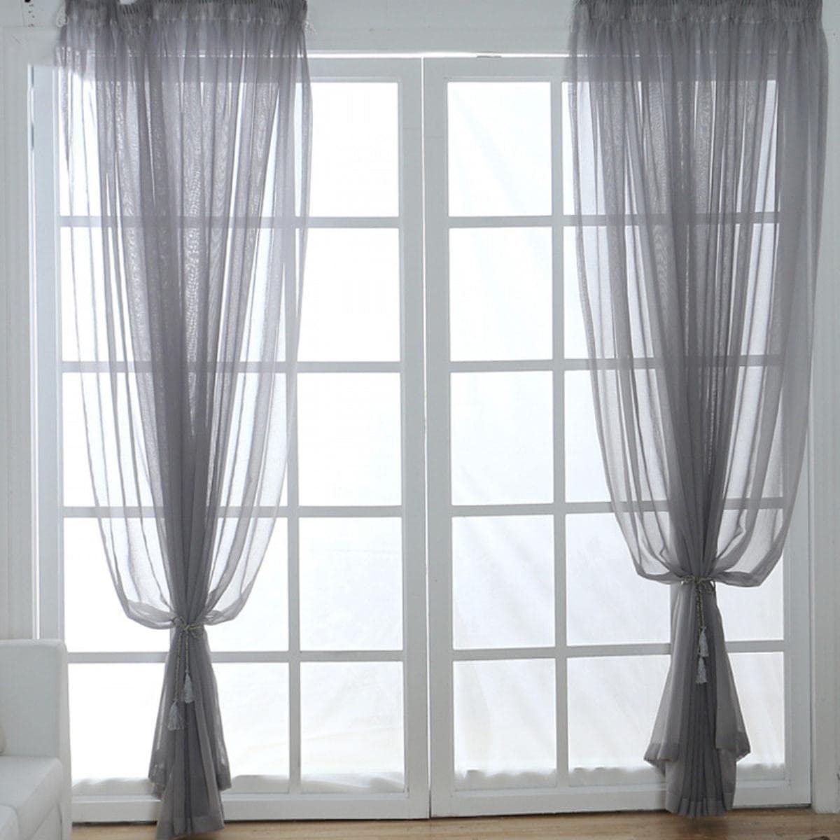 300cm Hauteur Couleur Rideau Salon Fenêtre Fini Tulle Sheer Voile Rideaux pour Chambre Voilage Drapes-Gris Tulle, W200x300cm 1 pièce, Crochets