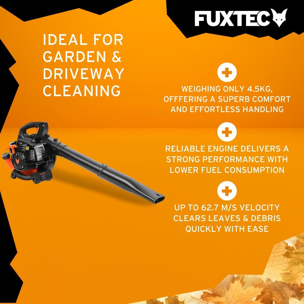FUXTEC - Soplador de Hojas a Gasolina FX-LB126ECO Cilindrada 26 cm³ Velocidad del Aire 60 m/s Peso 4,5 kg Diferentes boquillas para Diferentes Superficies