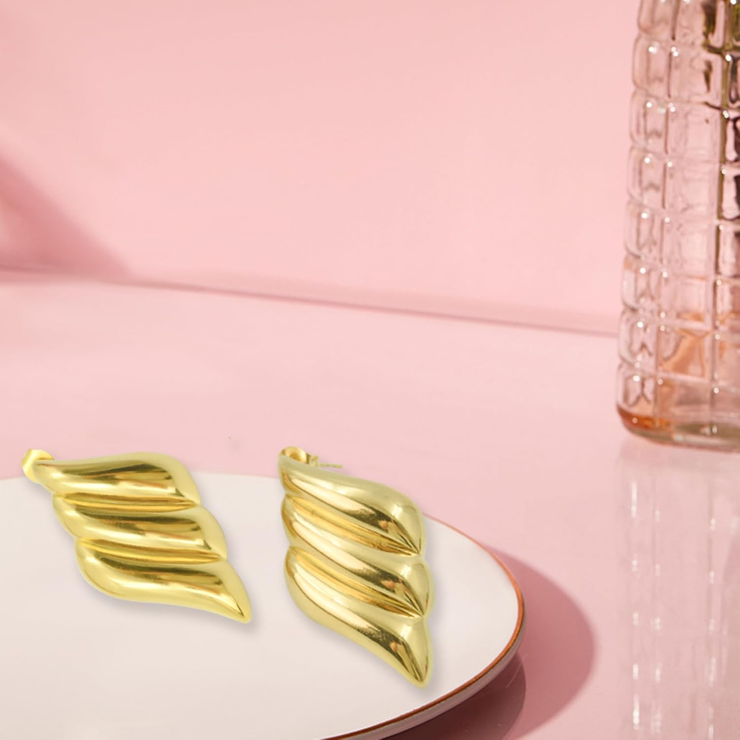 Gold Statement Earrings for Women,18K Big Shell Wings Textured Dome Earrings, Gold Stud Earrings Irregular, Trendy Vintage Shell Drop Earrings Gold Plated Earrings Fashion Jewelry - Image 6