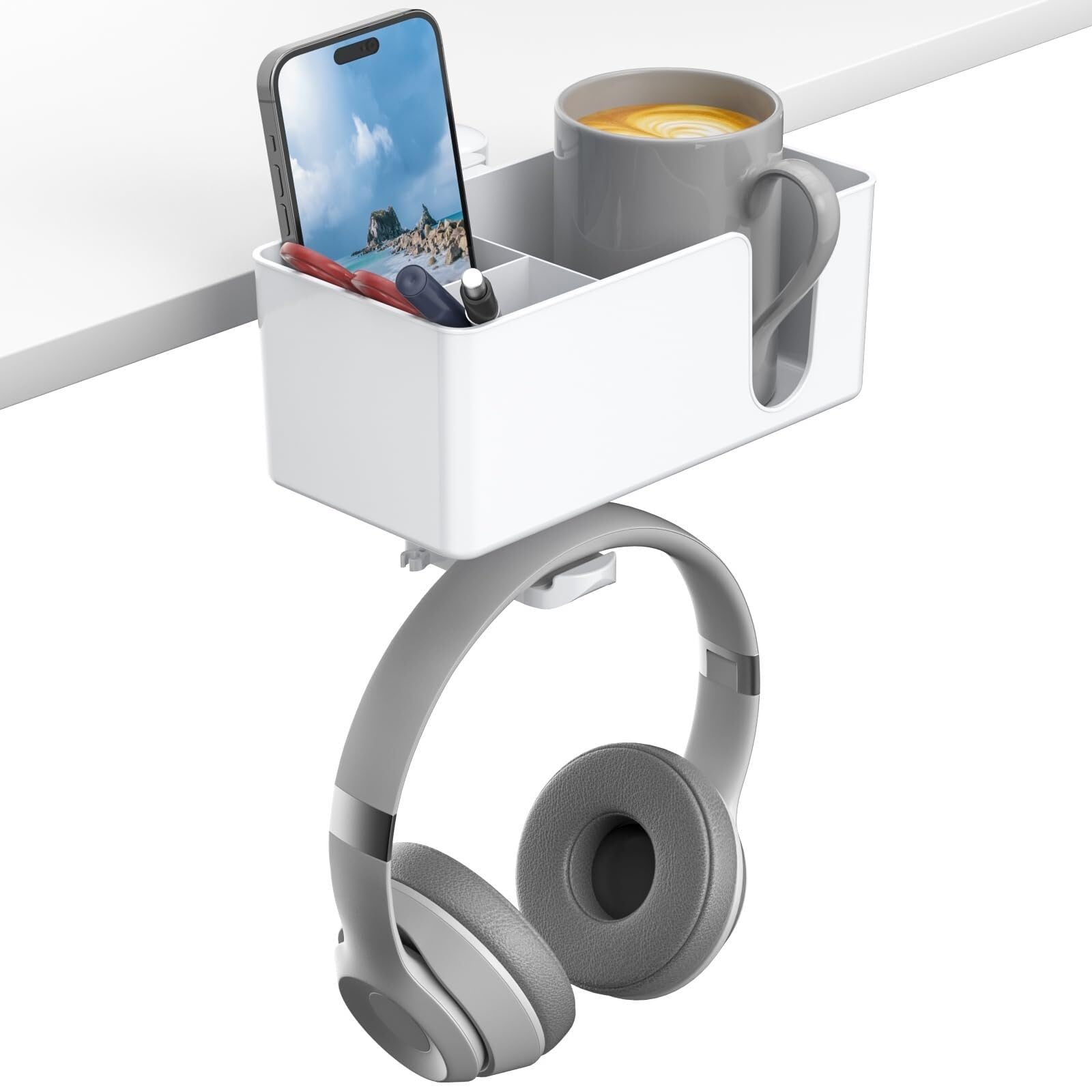 Stifteköcher Stifte Halter Vier-in-eins-Stifthalter-Desktop-Organizer, Kopfhörerhaken Unter Dem Schreibtisch Schreibtisch-Organizer(White)