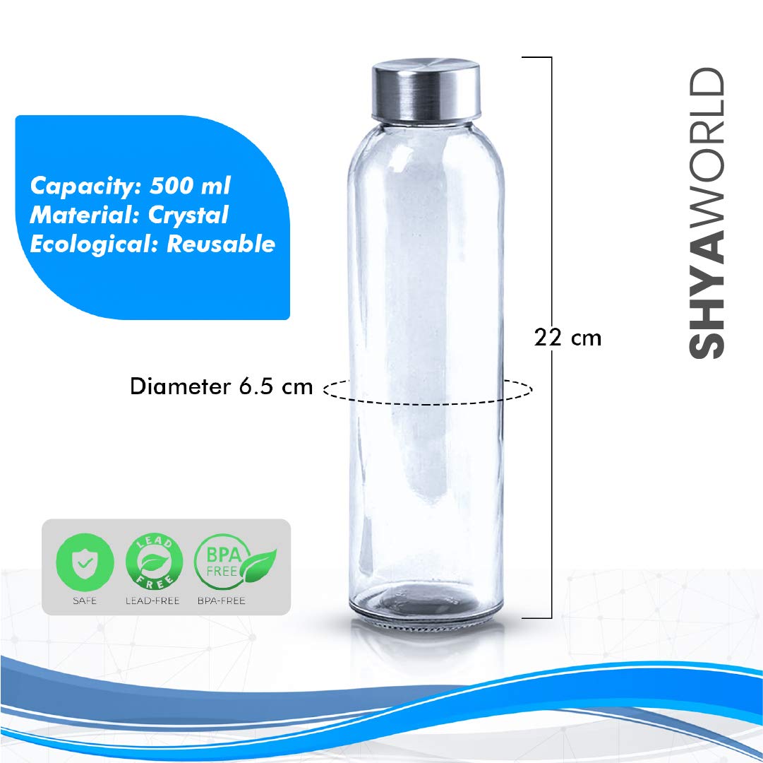 Botella De Cristal para Agua con cuerpo de acabado Transparente. Tapón a rosca en Acero Inoxidable. Cajas individuales. (TRANSPARENTE, 500ml (10PCS))