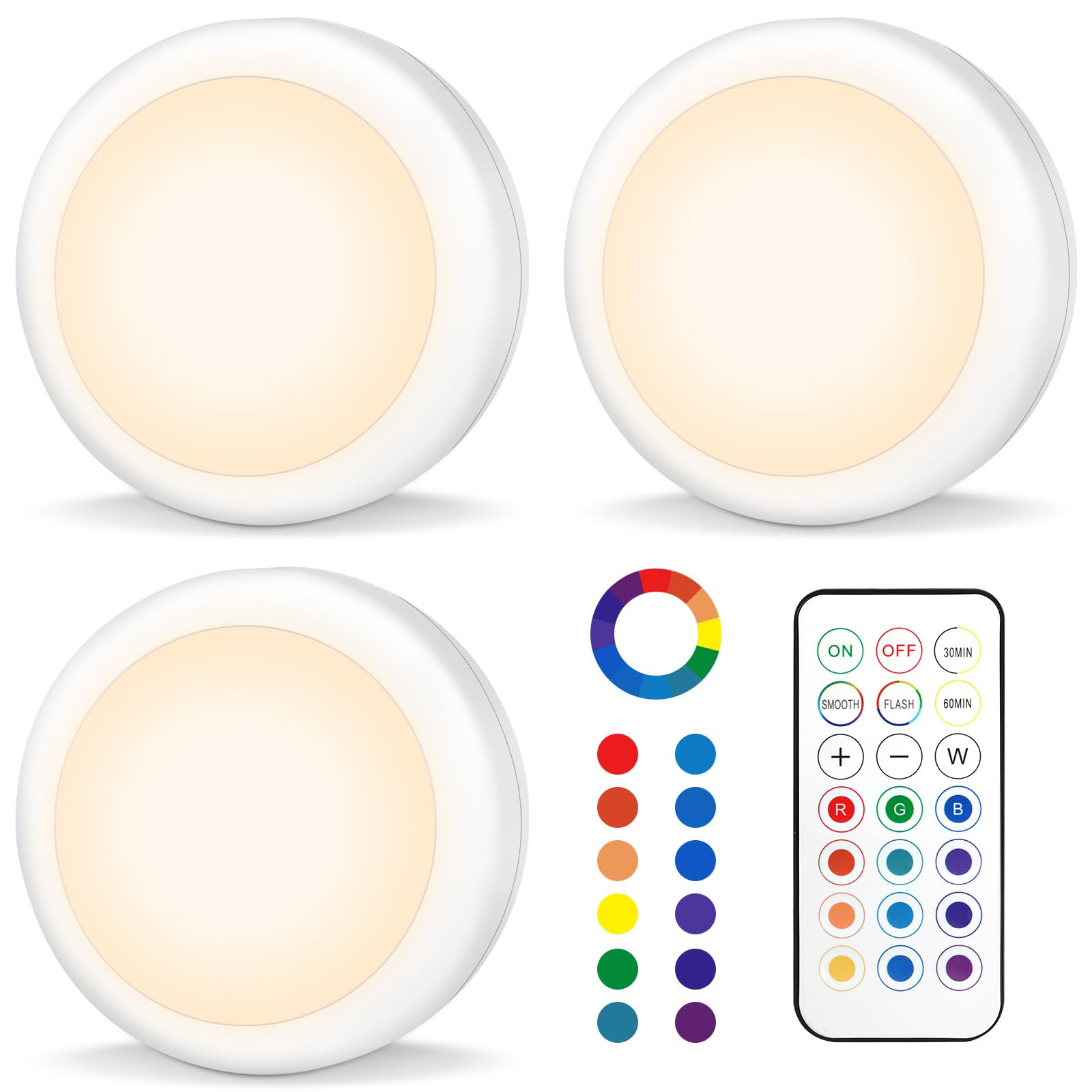 AUAUY 3 Stück Weiß RGB Schrankleuchten Unterbauleuchte, Batteriebetriebene Schrankleuchten Beleuchtung Dimmbar, LED Nachtlicht Schranklicht mit Fernbedienung für Küche Garderobe[Energieklasse E]