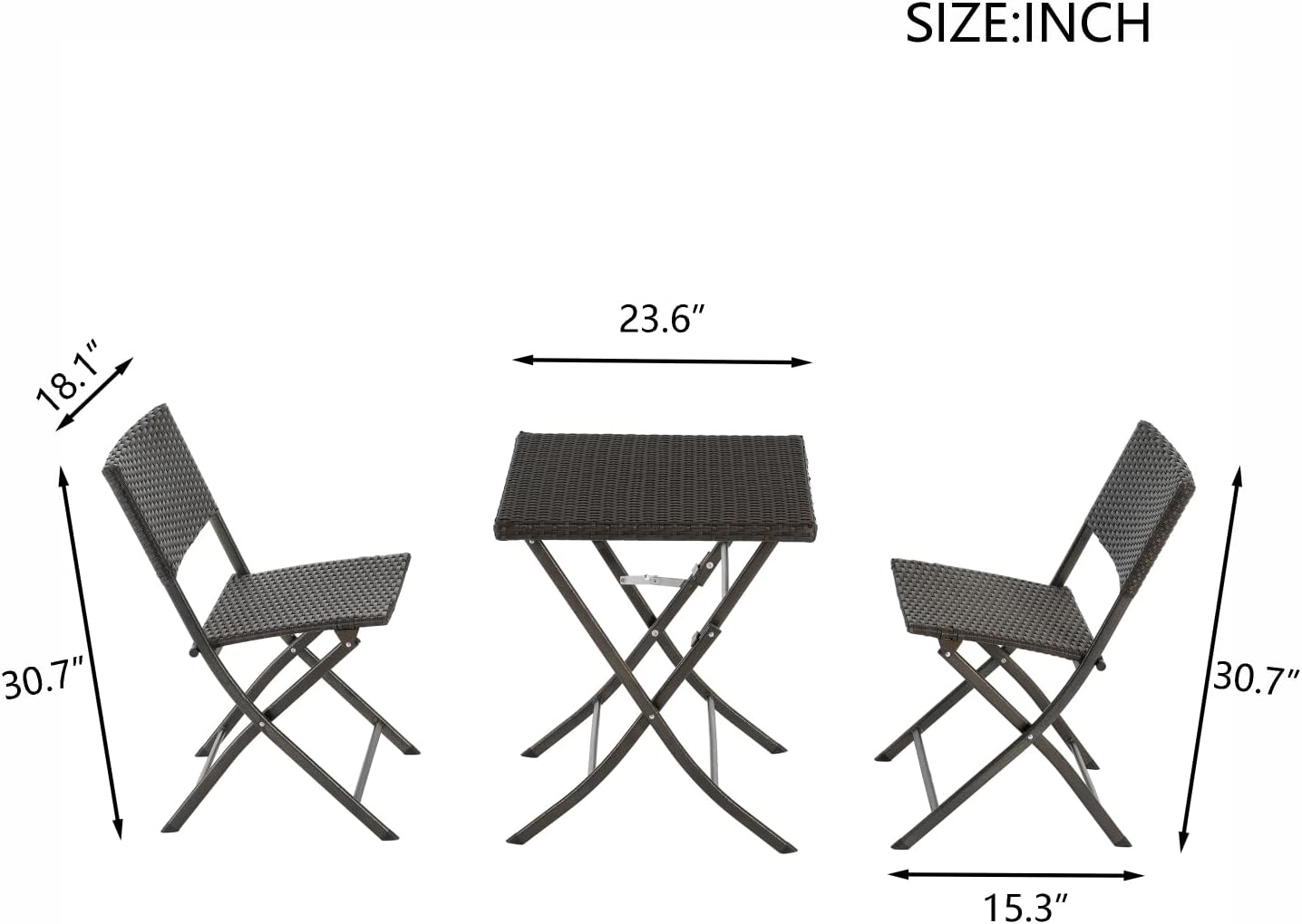 Rattan Patio Bistro Set, 3 PCS Foldable Outdoor Patio Furniture Sets, with Folding Table and Two Chairs for Garden, Backyard, Pool