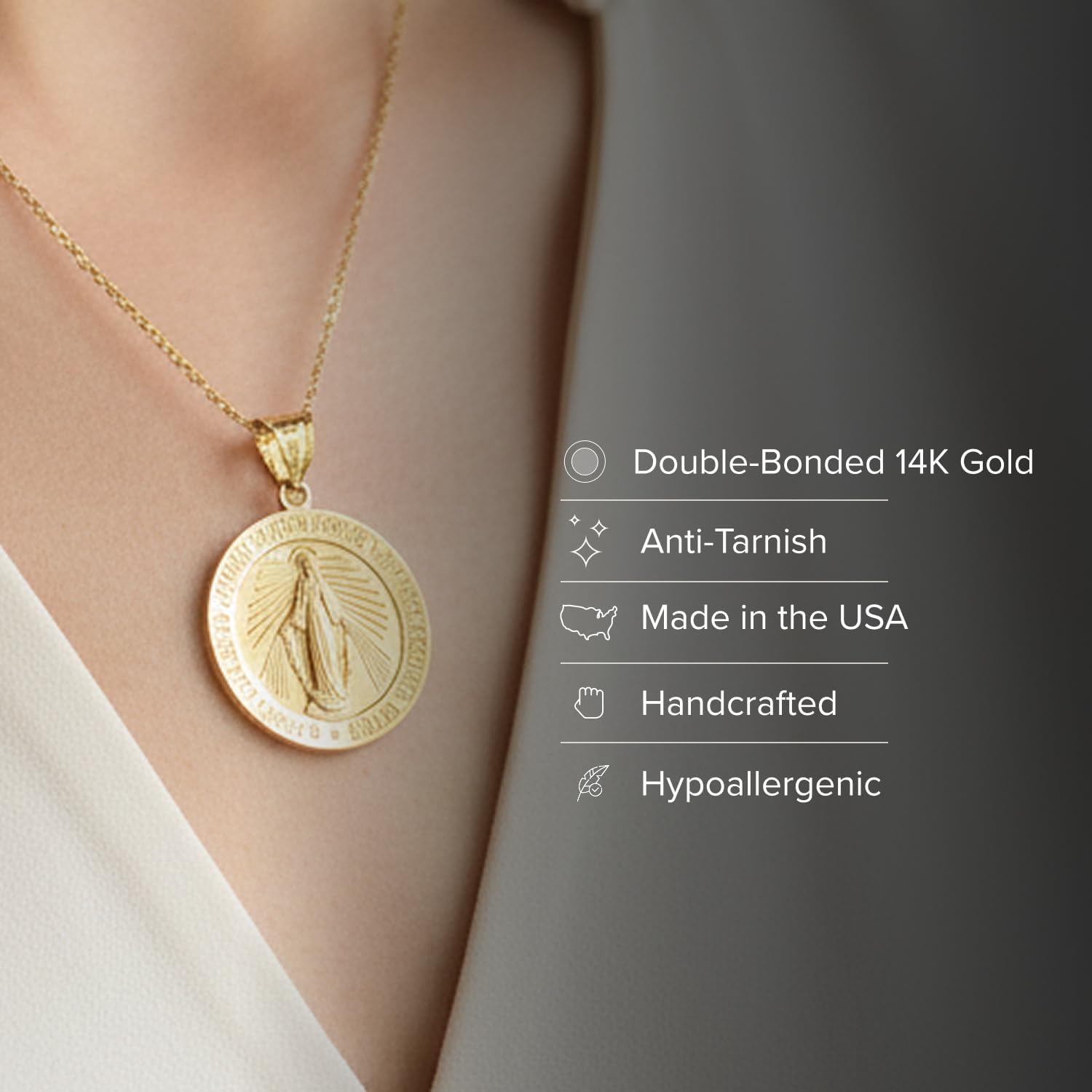 Cross+Crown Premium 14K Yellow Gold Virgin Mary Medal for Women & Men, Durable Double-Bonded 14K Yellow Gold Virgin Mary Pendant for Necklace, Women & Mens Gold Virgin Mary Medal, Handcrafted Religious Jewelry in the USA, 0.75" - Image 2