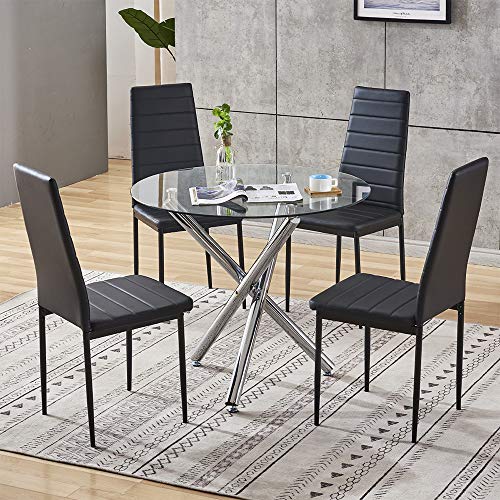 Qihang-Us Round Dining Table For 2-6 People Tempered Glass Dining Room Table With Chrome Finishing Legs, 35" Kitchen Table For Dining Guest Reception, Home Kitchen Furniture #TOP2