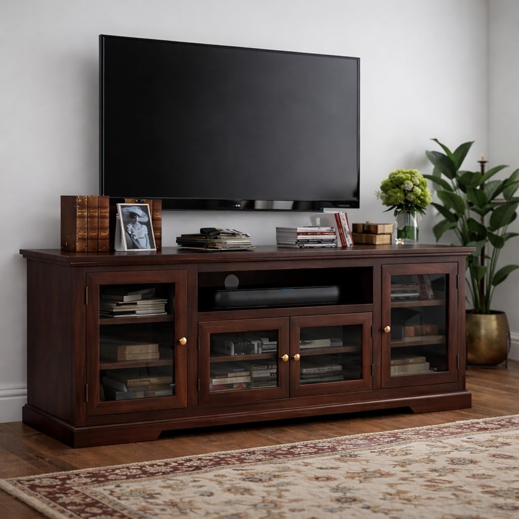 Solid Sheesham Wood TV Unit for 55 Inch & Above | Handcrafted Entertainment Cabinet with Glass Door Storage | Rustic Finish | Pre-Assembled | 70x30x18 Inch | Living Room Furniture-image-15