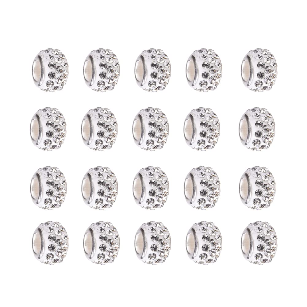 100 Pcs 12mm Rhinestone European Faux Crystal Charm Beads - Large Hole Hair Decor Loose Spacer Beads for Jewelry Making - White