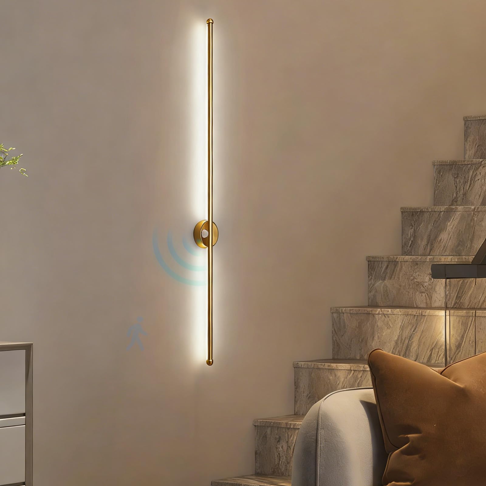 Moderne LED Applique Murale Intérieure Lampe Murale mit Bewegungsmelder Luminaire Mural Longue Design Éclairage Mural Aluminium pour Salon Chambre Couloir (Or-Lumière Blanche,120cm)