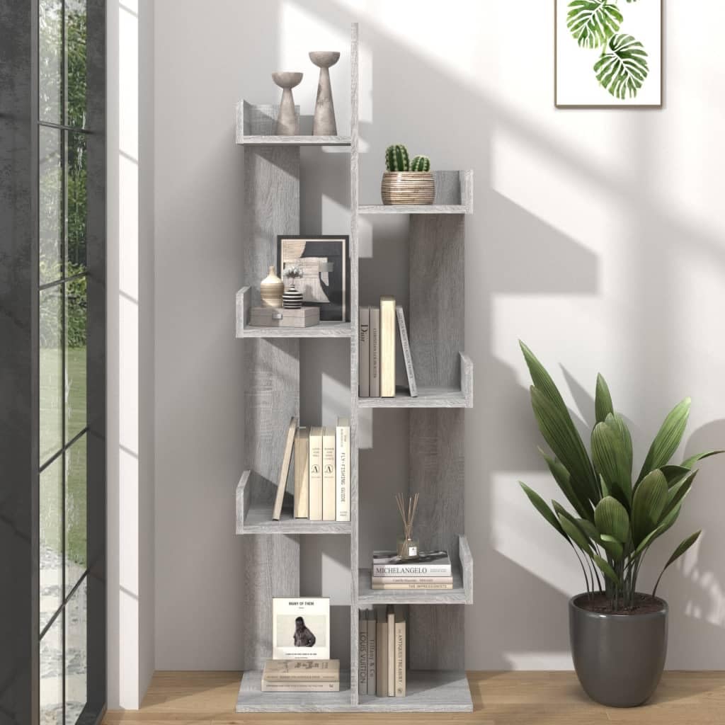 Librería en forma de árbol 48 x 25,5 x 140 cm gris Sonoma madera diseño moderno con soporte de pared ahorra espacio para sala de estar, oficina, dormitorio, pasillo