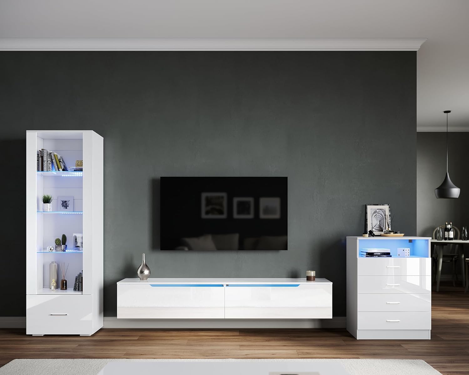 SONNI TV-Schrank, Fernsehtisch, TV-Regal, Lowboard Hochglanz, Hängend mit LED-Beleuchtung, 12 Farben können eingestellt Werden, 2 Schränken für Wohnzimmer und Schlafzimmer 180x35x30cm Weiß GTV009W-180