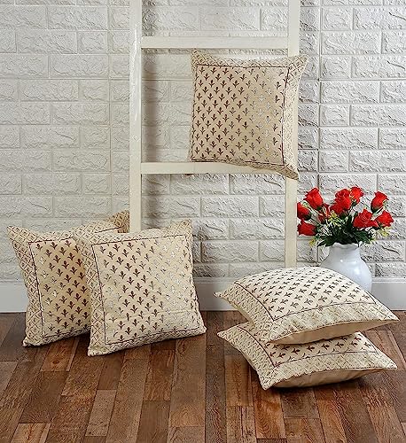 Image of Set of 5 Pcs 16 x 16 Inches Soft Jacquard Velvet Fabric Cushion Covers for Sofa Set /Diwan Beds, Star,Color- Cream, Set of 5 Pcs