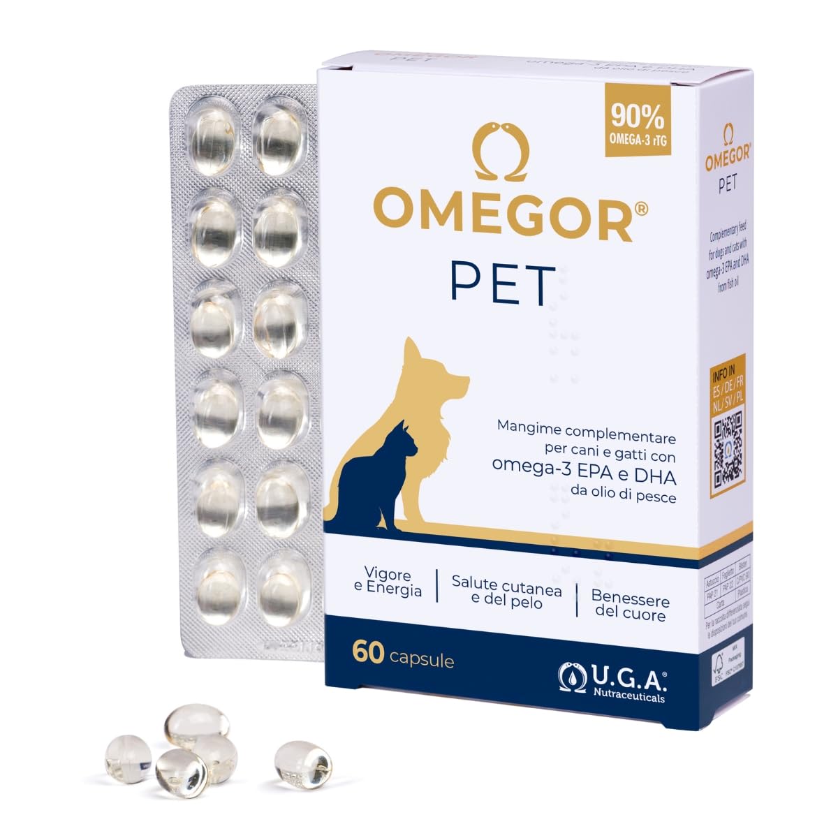OMEGOR Pet 60 Kapseln – Omega 3 für Hunde & Katzen – Mit EPA & DHA aus gereinigtem Fischöl – Omega 3 für die Gesundheit von Fell & Gelenken – Fischöl Kapseln, IFOS-zertifiziert & einzeln verpackt