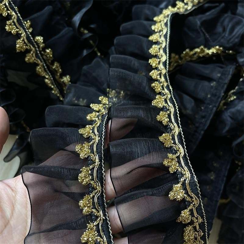 Lace Trim，Pleated Chiffon Lace Edge Trim ，Gold Thread Ribbon Stitched Pleated Organza Lace DIY Children's Clothing Dress Cheongsam Clothes Corsage Skirt Decoration, 1 yard, Black