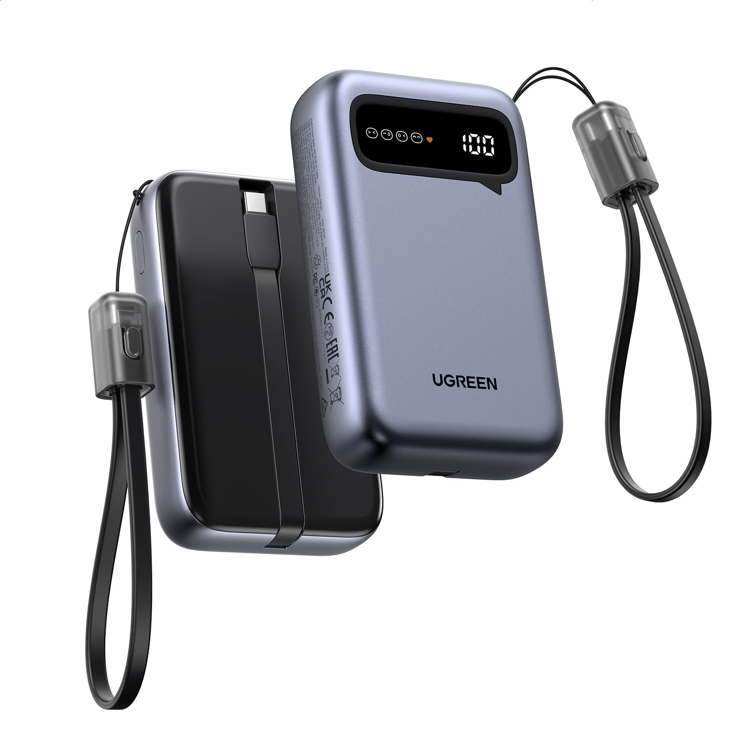 UGREEN Uno 20000mAh Power Bank con 2 Cable USB-C Integrado, 22.5W Batería Portátil Carga Rápida, Cargador Portatil Powerbank, Pantalla LED Compatible con iPhone 17/16/15, Samsung Galaxy S25 S24 Ultra - 20000mAh