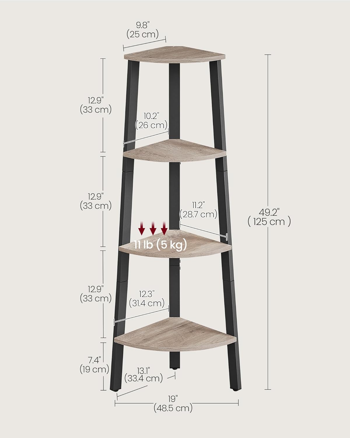 VASAGLE Corner Shelf Stand, 4-Tier Corner Bookshelf, Industrial Ladder Shelf, Plant Stand for Living Room, Office, Kitchen, Heather Greige and Matte Black ULLS034M01 - Image 3