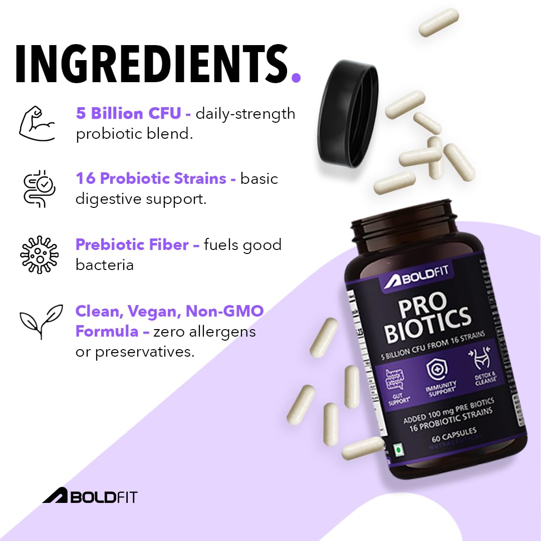 Boldfit Probiotics 5 Billion CFU with 16 Strains and Prebiotics for Gut Cleanse Detox Digestive Health Bloating Relief Constipation Probiotic Supplement for Men and Women Supports Immunity Booster - 60 Veg Capsules 2
