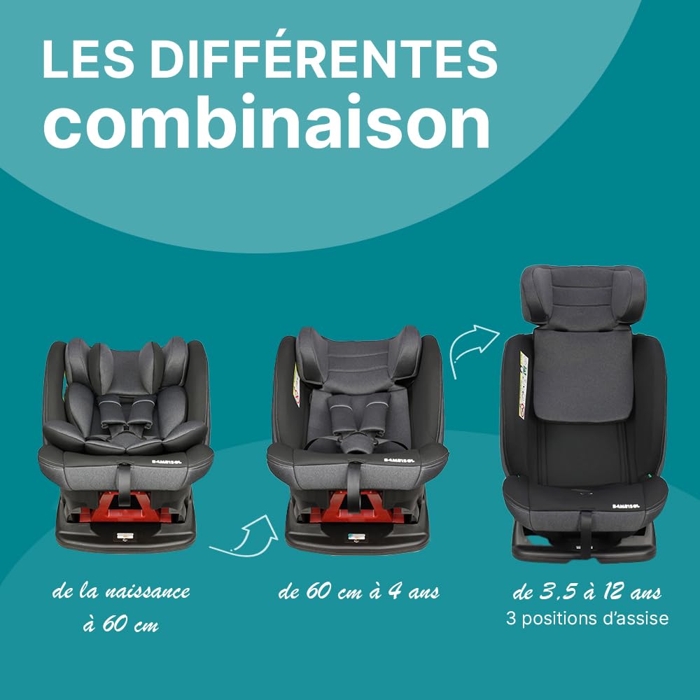 Bambisol - Siège Auto Evolutif - i-Size 40-150 de la naissance à 150 cm (36 kg) - Convient à toutes Voitures - ECE129/03 - Textile Déhoussable Lavable - Appui-tête Ajustable - Harnais 5 points
