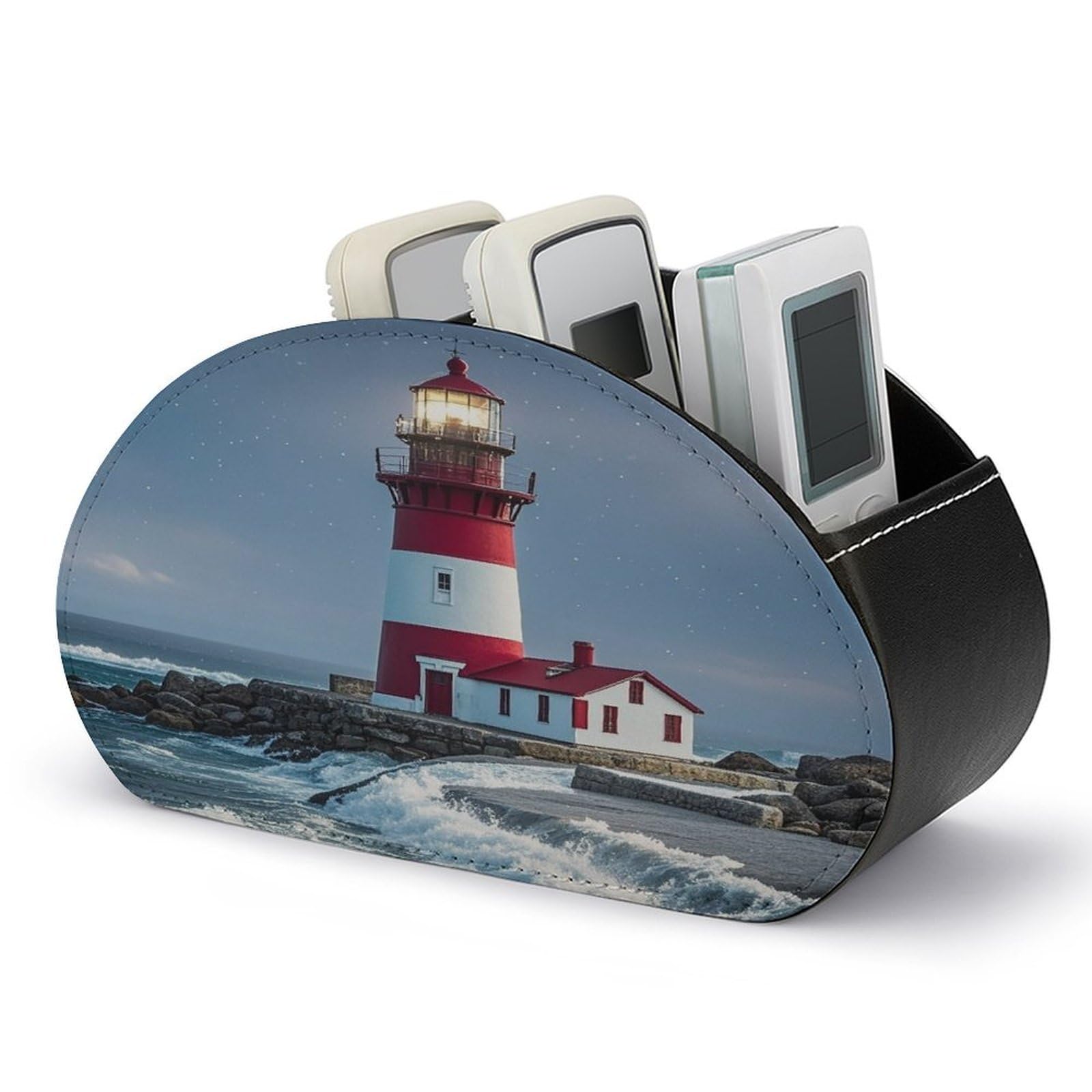 FekiLoot Lighthouse Ocean TV Remote Control Holder with 5 Compartments Multi-functional Leather Bedside Table Remote Caddy Desktop Storage Box for Store Pen Controller Media Player Cosmetic