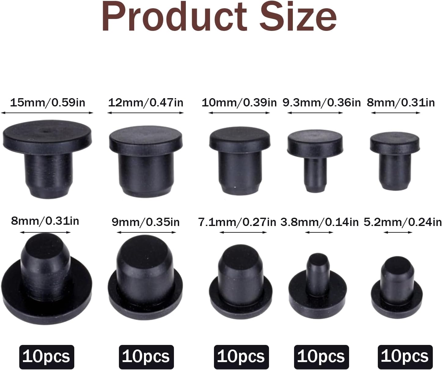 50 PCS Rubber Plugs for Round Holes, 5 Sizes Rubber Hole Plug Silicone Plugs Waterproof Hole Plug Black Round Waterproof Button-Hole for Metal Tube, Furniture End Caps Inserts, Black