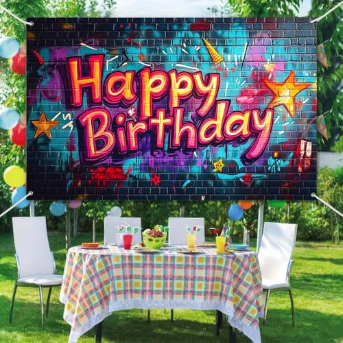 Image of HOMETITUTE Graffiti Happy Birthday Banner 71x43 Inch