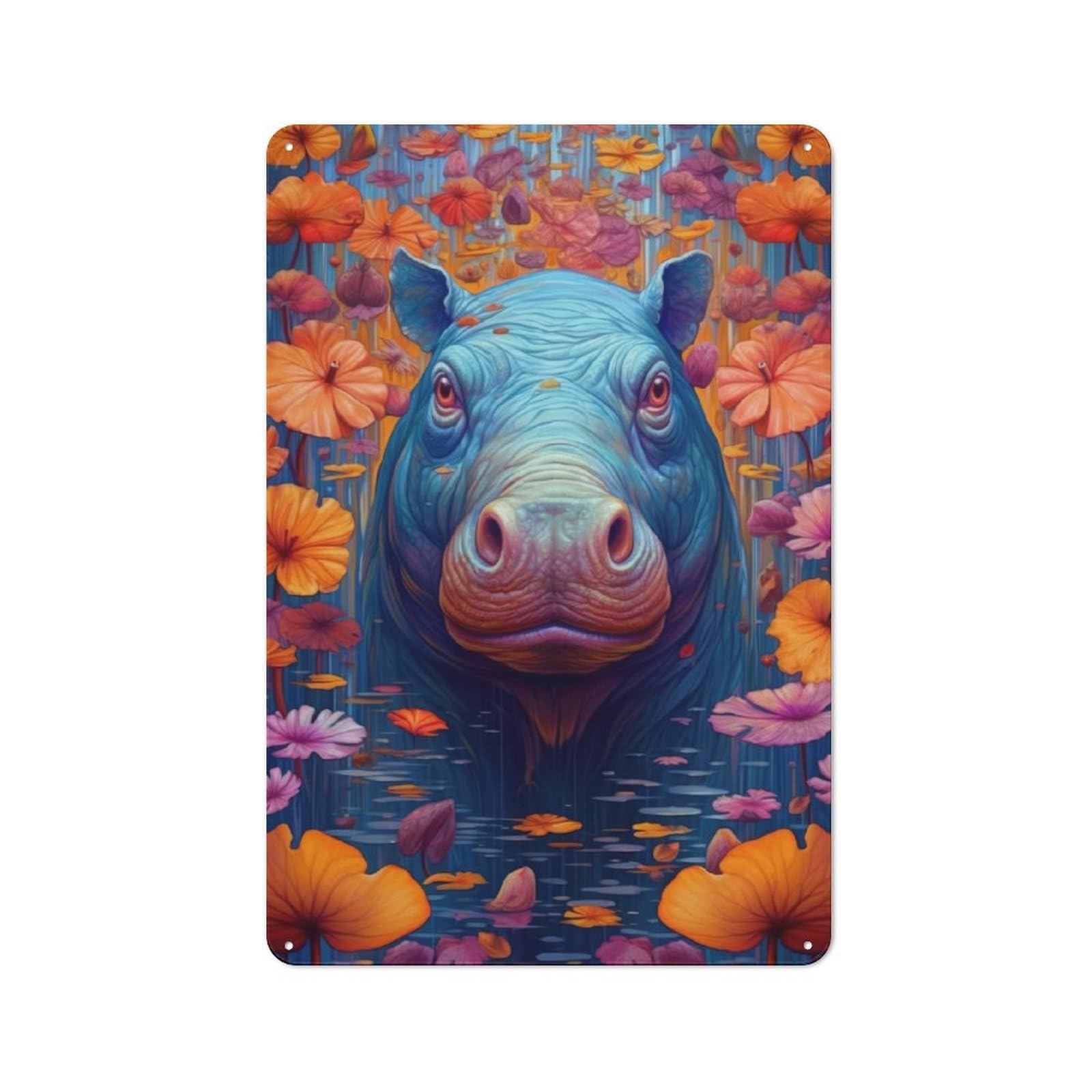 Junmoney Hippo Flower Portrait Printed Metal Sign 30X20cm For Lounge Or Reading Corner, A Winter Wall Decor Update For Reading Corner Decorators