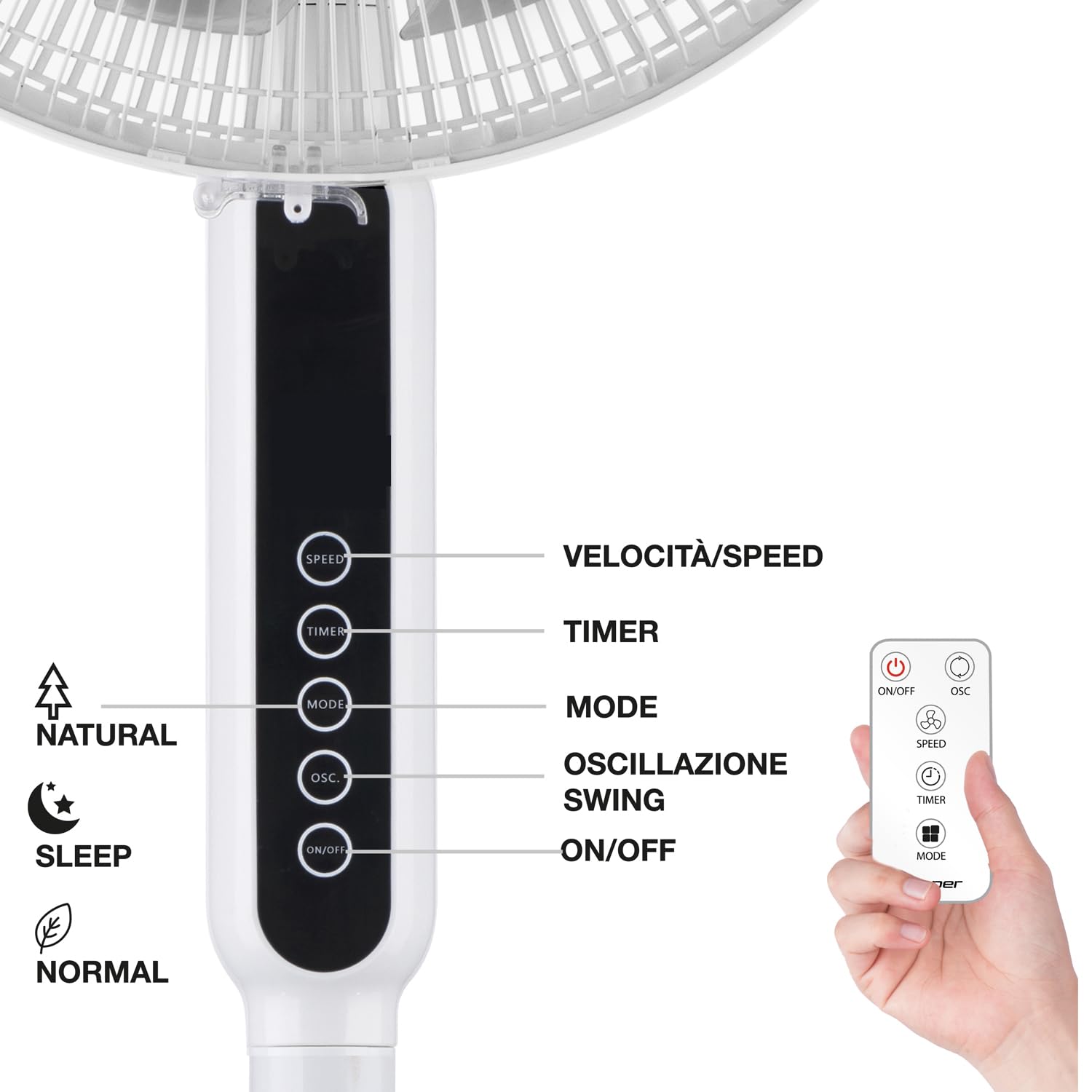 BEPER P206VEN154 Ventilatore a Piantana 13 Pale con Telecomando, 41 cm, 3 Velocità e 3 Modalità, Timer 12h, Oscillante, Altezza Regolabile 70-130 cm, Display Digitale