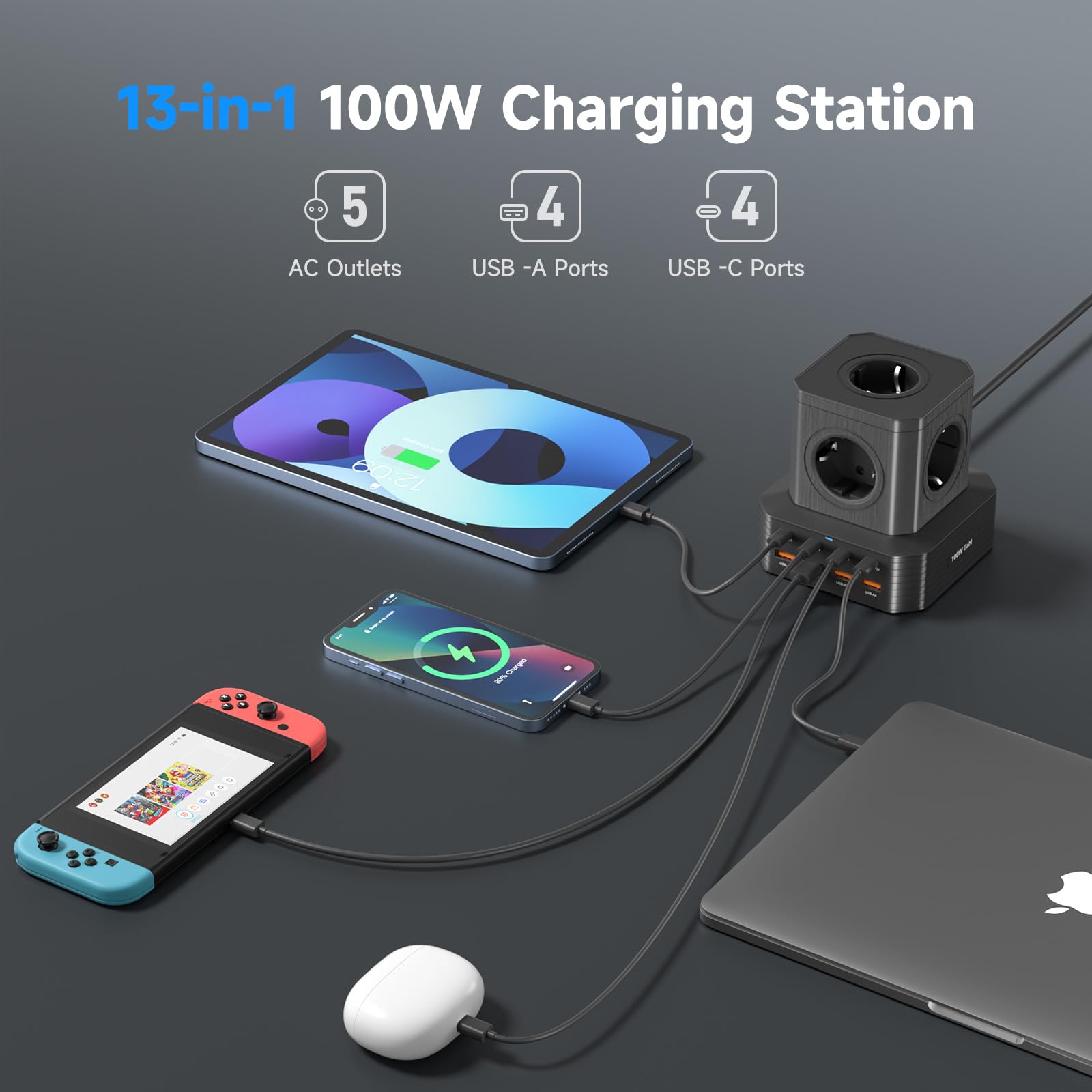 Cable de extensión eléctrica con 8 Puertos USB de Carga rápida, 100 W PD3.0 | Cable de extensión eléctrica con 8 puertos USB de carga rápida, 100 W PD3.0