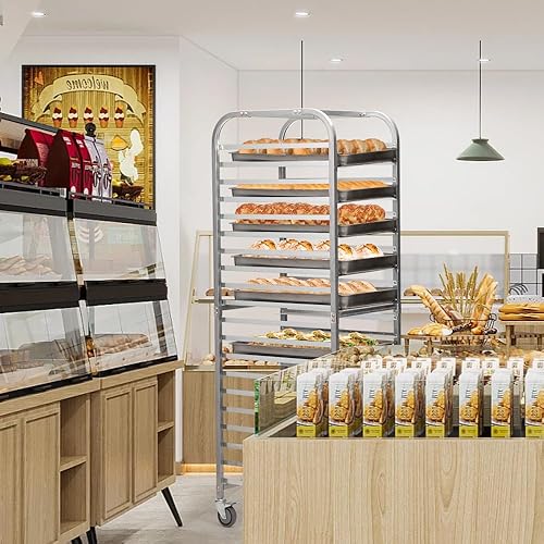 Miniatura 5 de SANDINRAYLI Estante para panadería, estante para panadería de 20 niveles con ruedas, estante de acero inoxidable para media y hoja completa, estante