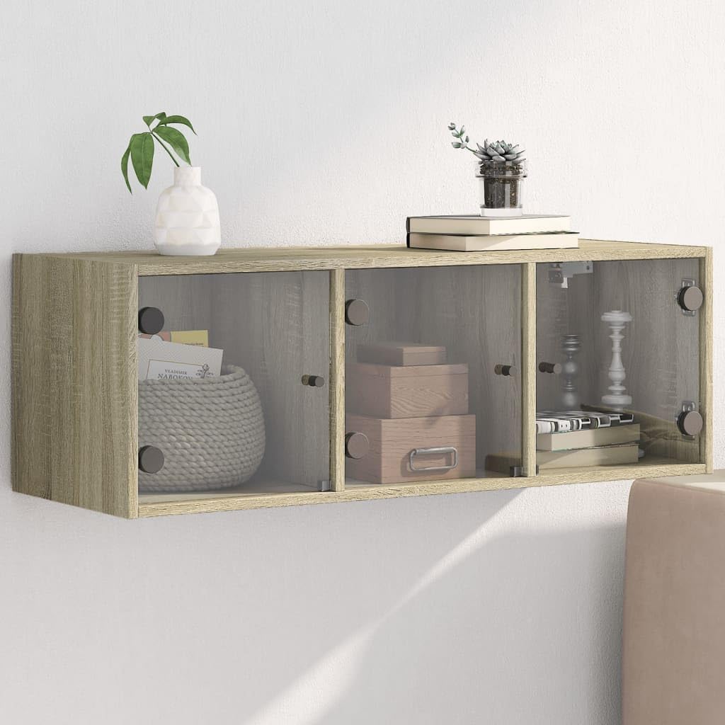 Szafka ścienna ze szklanymi drzwiami, dąb Sonoma z materiału drewnopochodnego 102 x 37 x 35 cm, szafka do przechowywania z półkami i półką, do biura, korytarza, piwnicy, warsztatu, miejsca do
