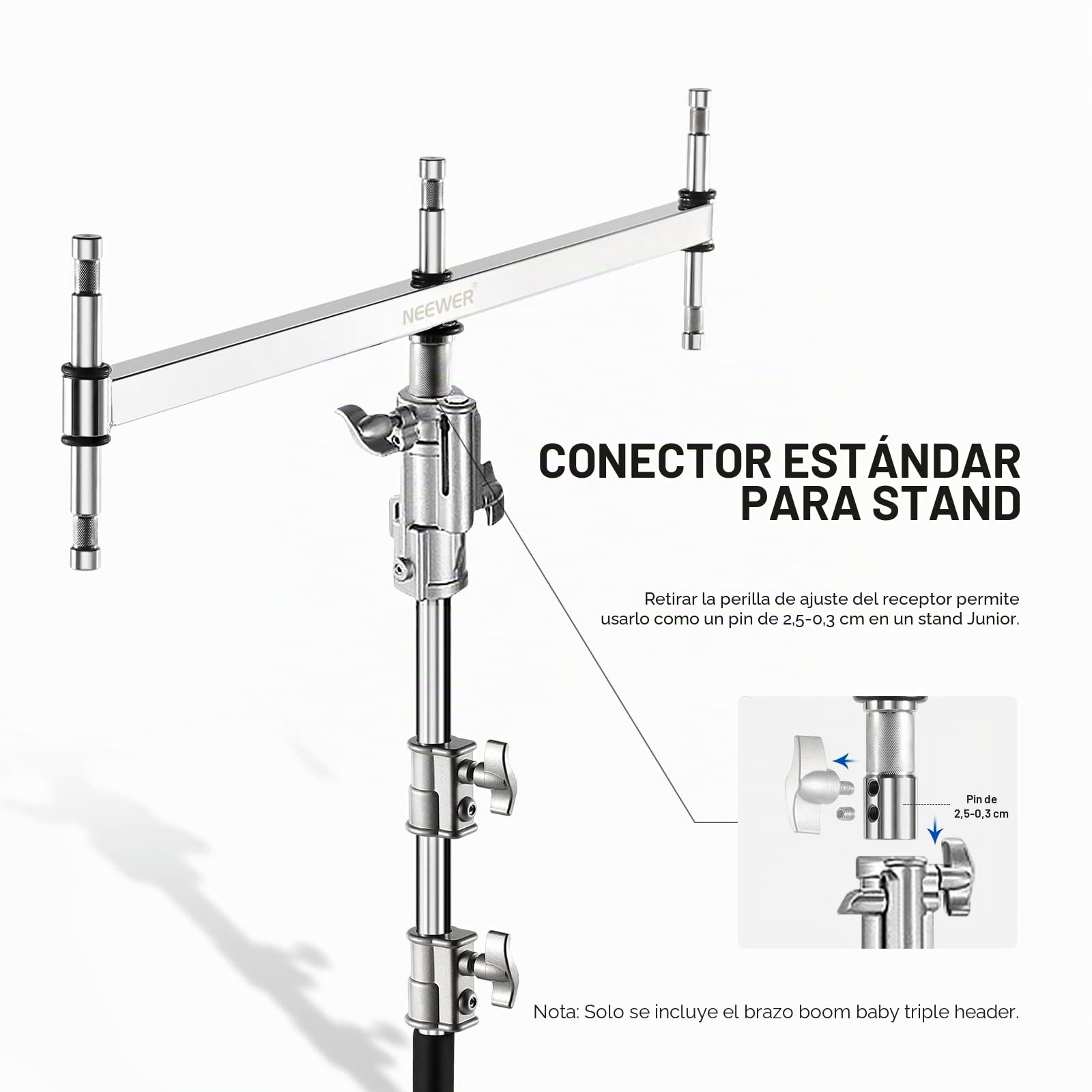 NEEWER Brazo de Pluma de Cabezal Triple con Cinco Pines de Bebé de 5/8" para Luz LED/Flash, un Pin de 1-1/8" para Soporte C/Soporte con Perno de 16mm o Receptor Júnior de 28mm,Acero Inoxidable,UA005