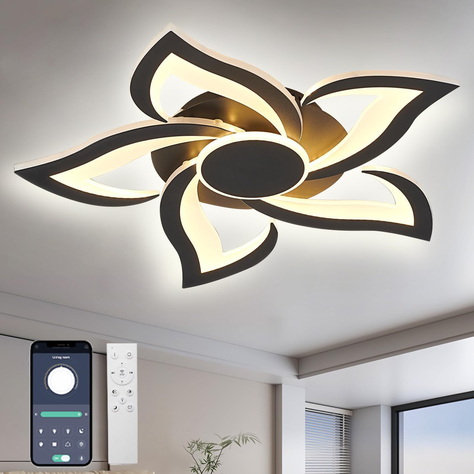 GWYAJTU Flor Lampara Techo Con Mando A Distancia APP, LED Regulable 3000K-6000K Plafones De Techo, 36W Moderna Luces Techo Con Temporizador Para Dormitorio Cocina Sala De Estar Oficina