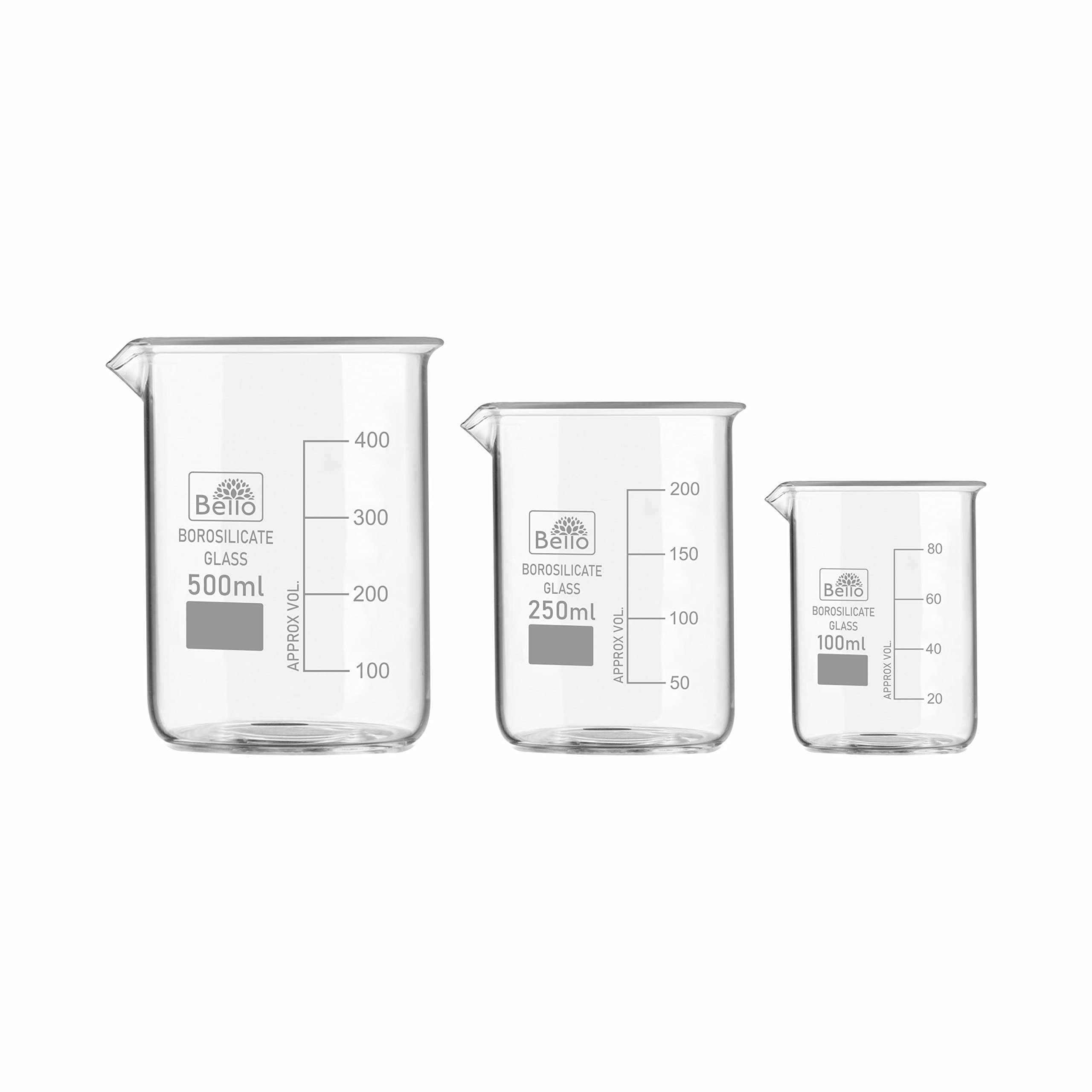 Bello Borosilicate 3.3 Glass Beakers - 100ml 250ml & 500ml with Graduation Marks, Pack of 3 for Perfume Making Cosmetics school collage chemistry lab laboratory