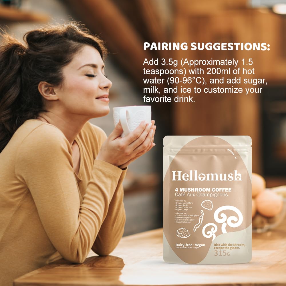 Hellomush Organic Instant Mushroom Coffee with Lions Mane, Reishi, Chaga and Cordyceps Coffee, Adaptogen Drink for Greater Energy, More Focus, Better Digestion, and Gut Support 90 Servings 11.11 oz
