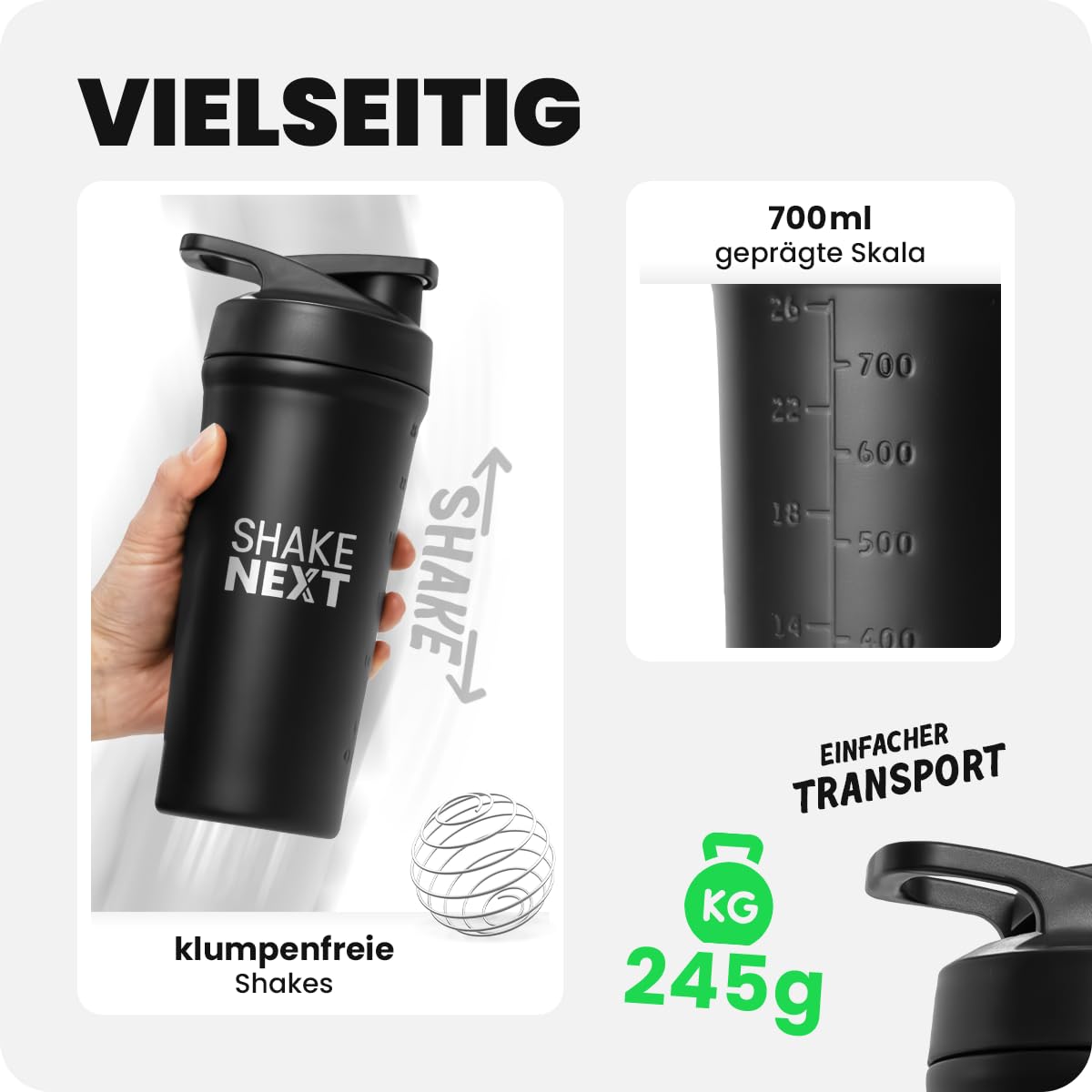 Edelstahl Shaker [NEUEINFÜHRUNG] - Trinkflasche mit Mixball 700ml, Fitness & Protein Shaker mit auslaufsicherem Druckverschluss, patentiertes Design (Schwarz)
